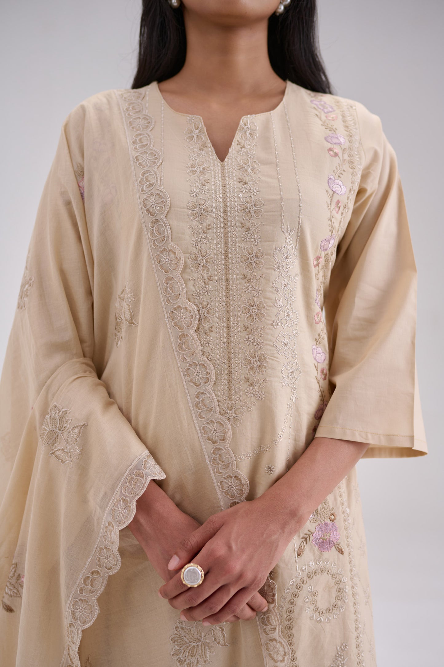 Pankhuri - Beige Cotton Cambric Suit Set