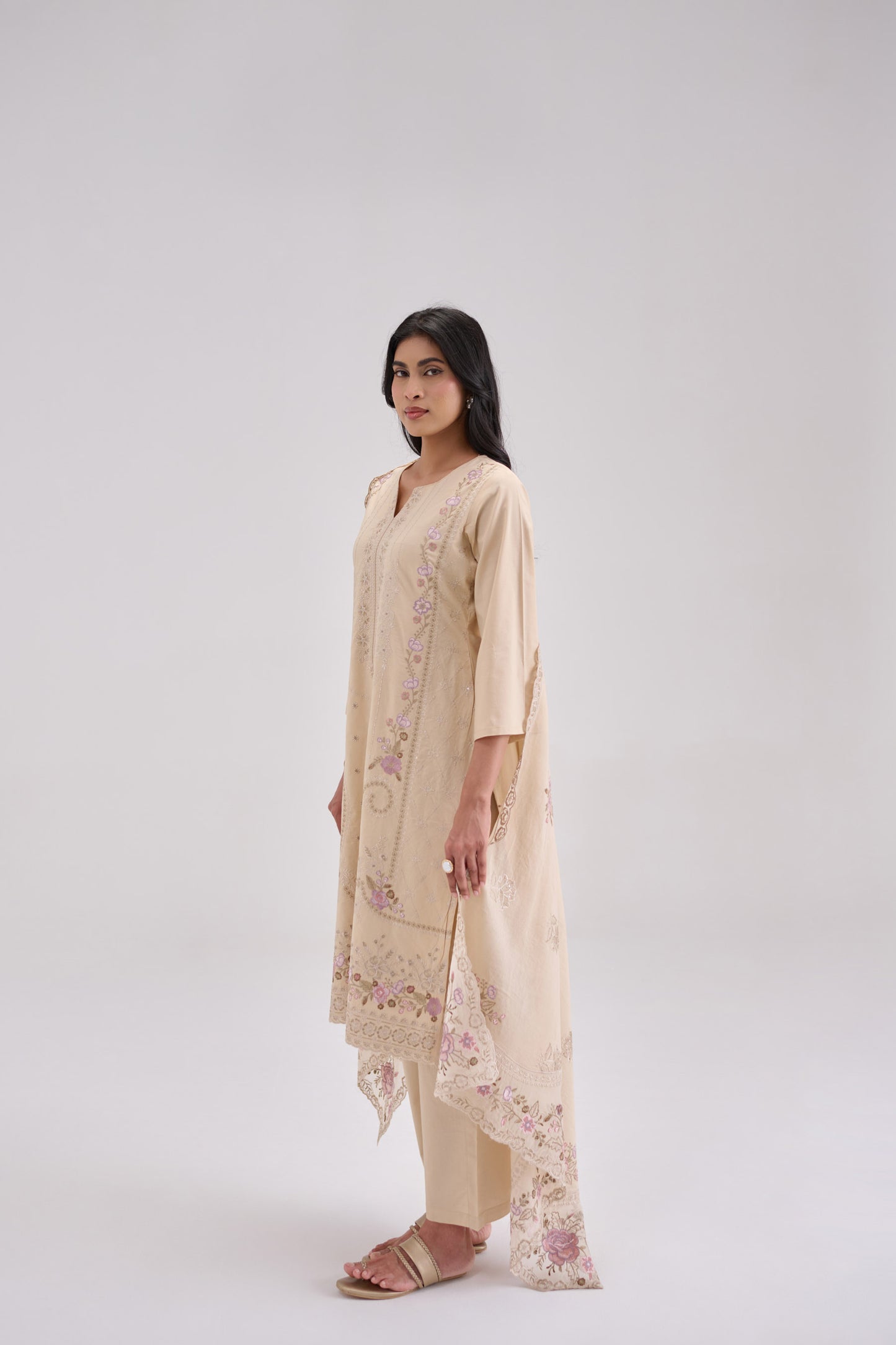 Pankhuri - Beige Cotton Cambric Suit Set