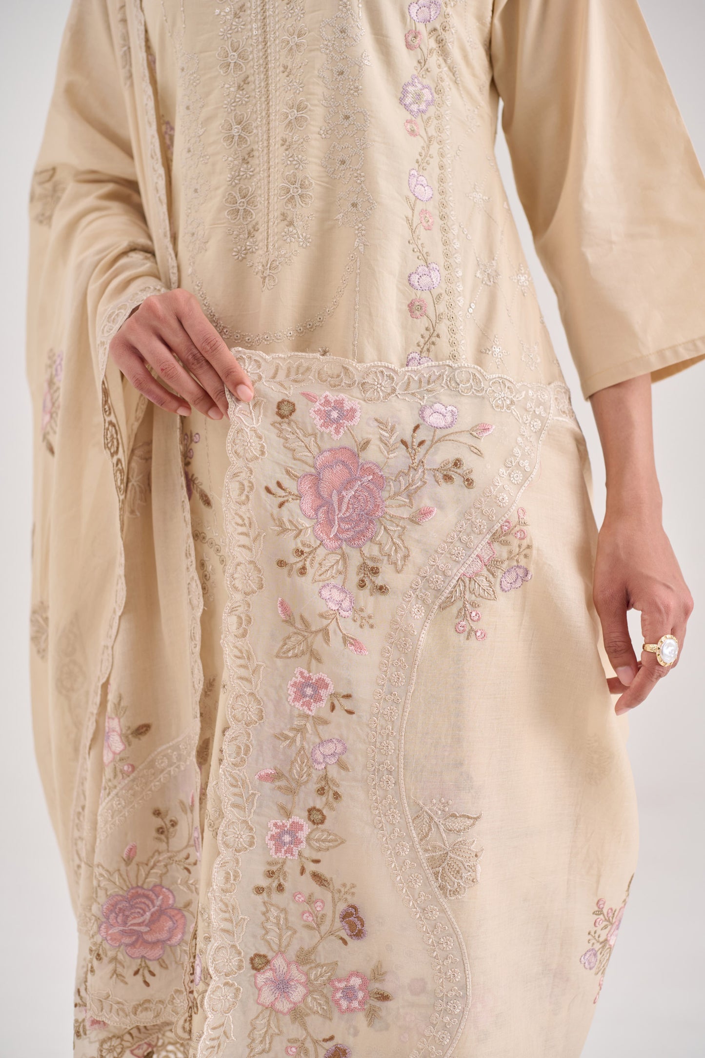 Pankhuri - Beige Cotton Cambric Suit Set