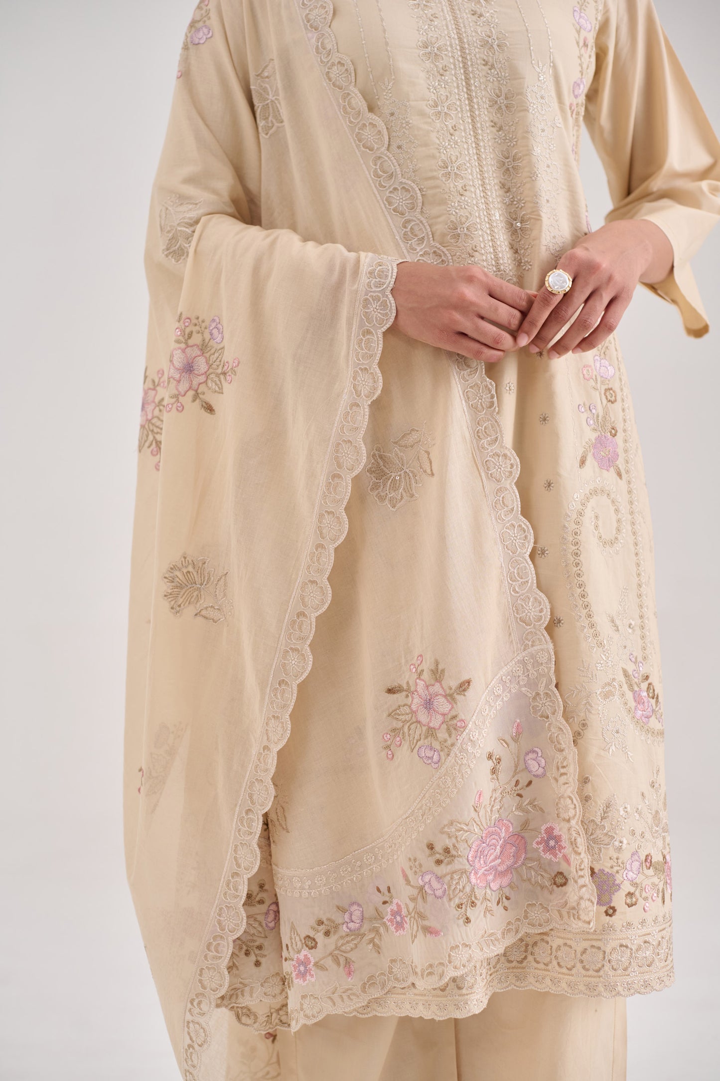 Pankhuri - Beige Cotton Cambric Suit Set