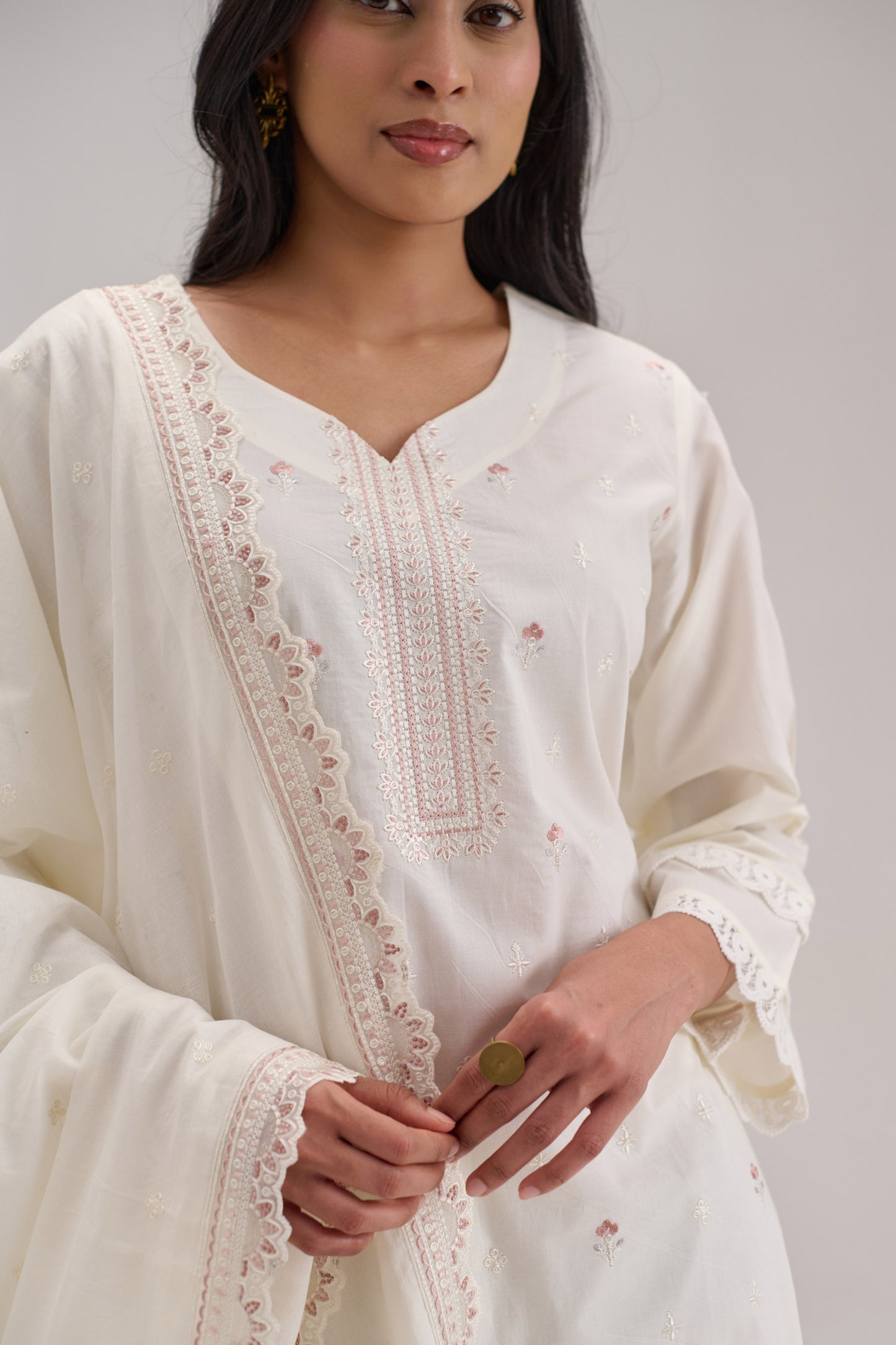 Pankhuri - Off White Cotton Cambric Suit Set