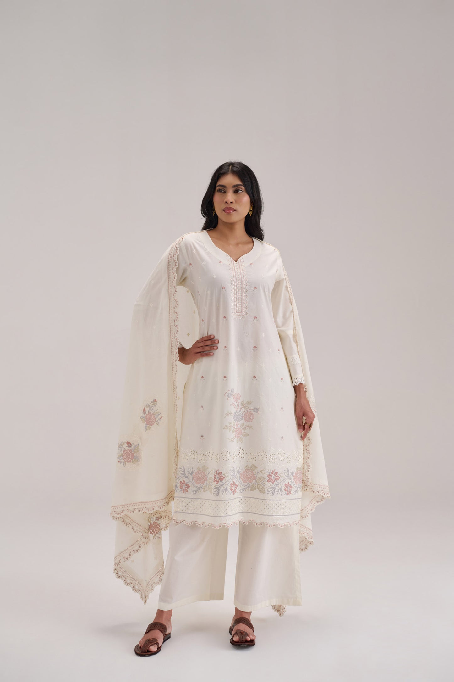 Pankhuri - Off White Cotton Cambric Suit Set