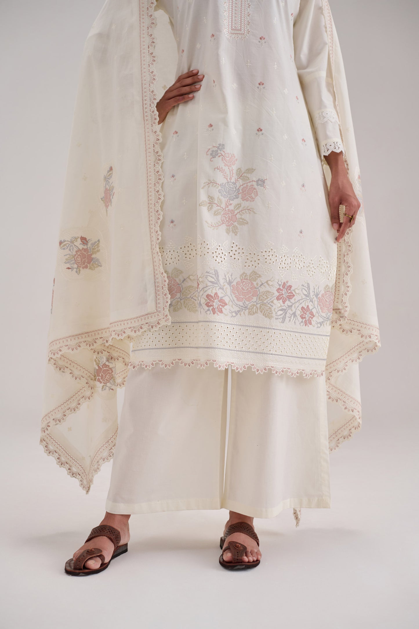 Pankhuri - Off White Cotton Cambric Suit Set