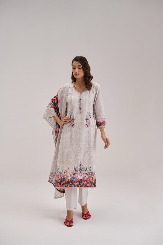 Madhuban - Silver Cotton Cambric Suit Set
