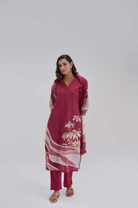 Madhuban - Maroon Cotton Cambric Kurta Set