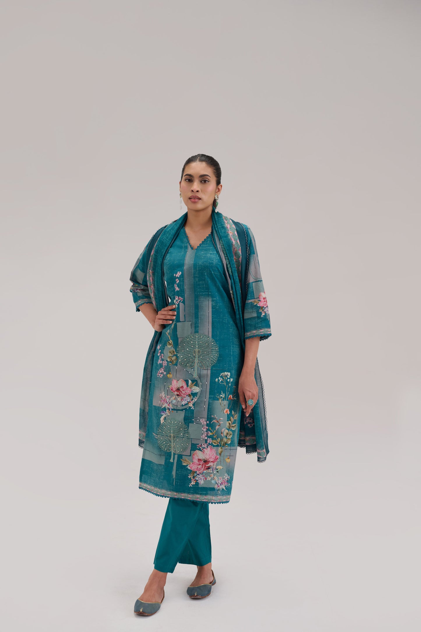Madhuban - Teal Cotton Cambric Kurta Set