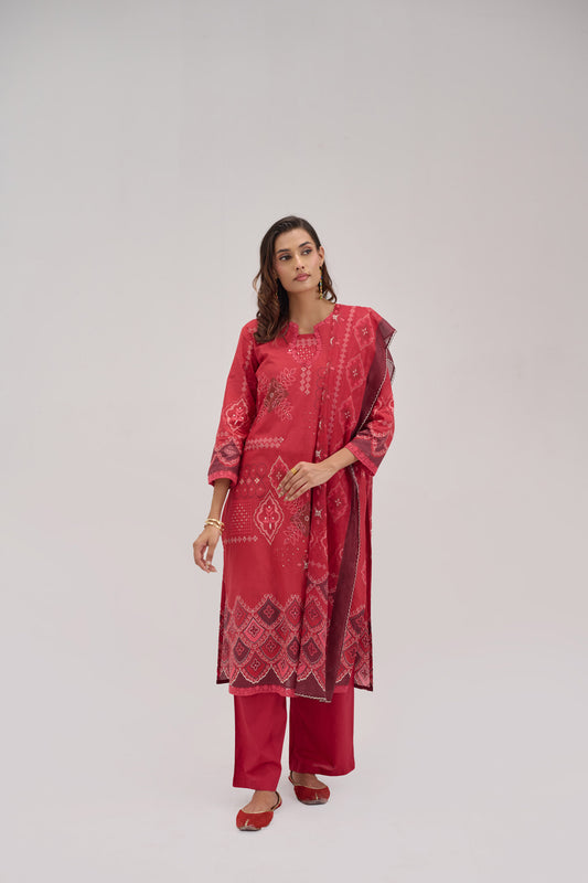 Madhuban - Cherry Red Cotton Cambric Kurta Set
