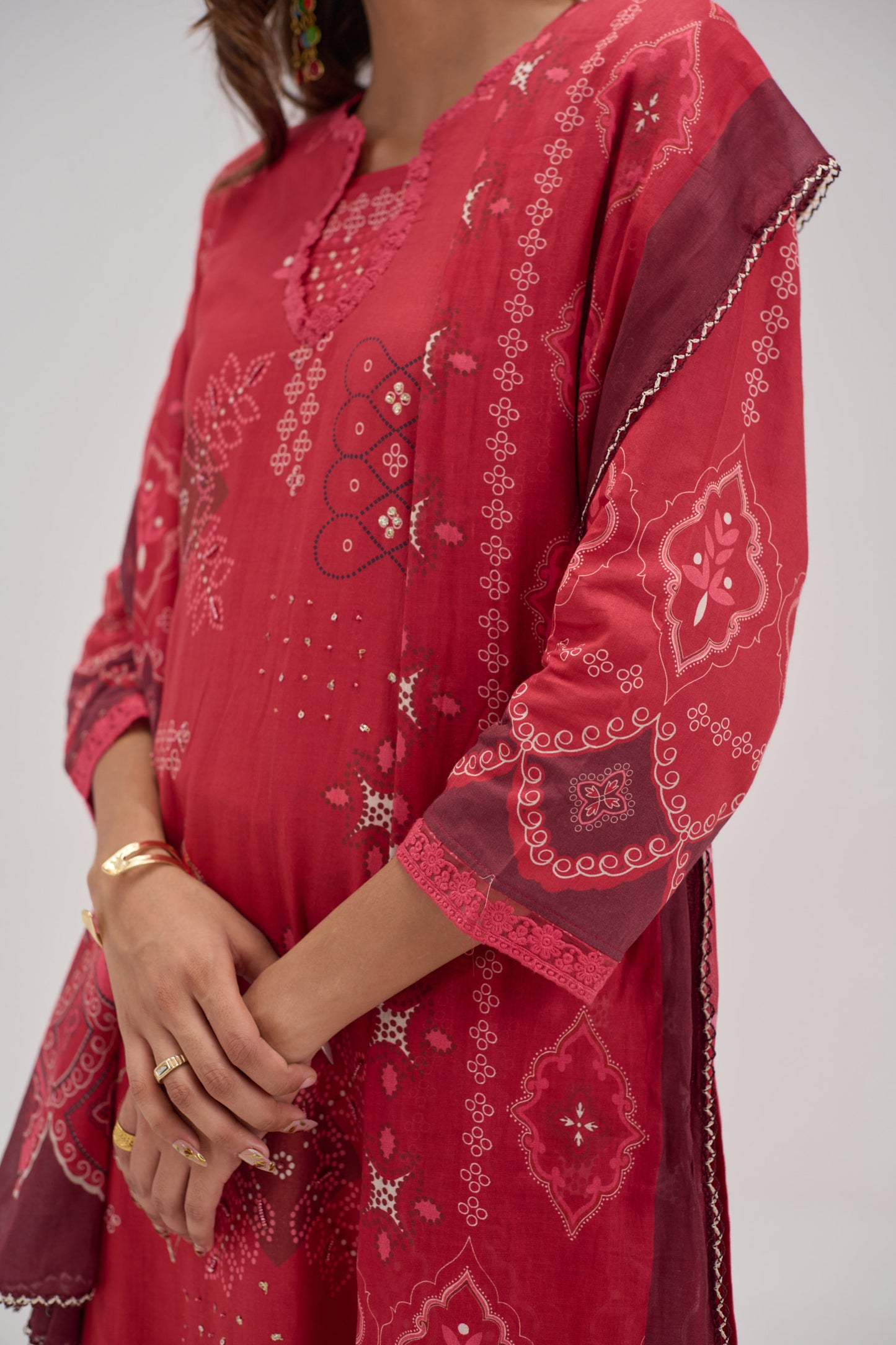 Madhuban - Cherry Red Cotton Cambric Kurta Set