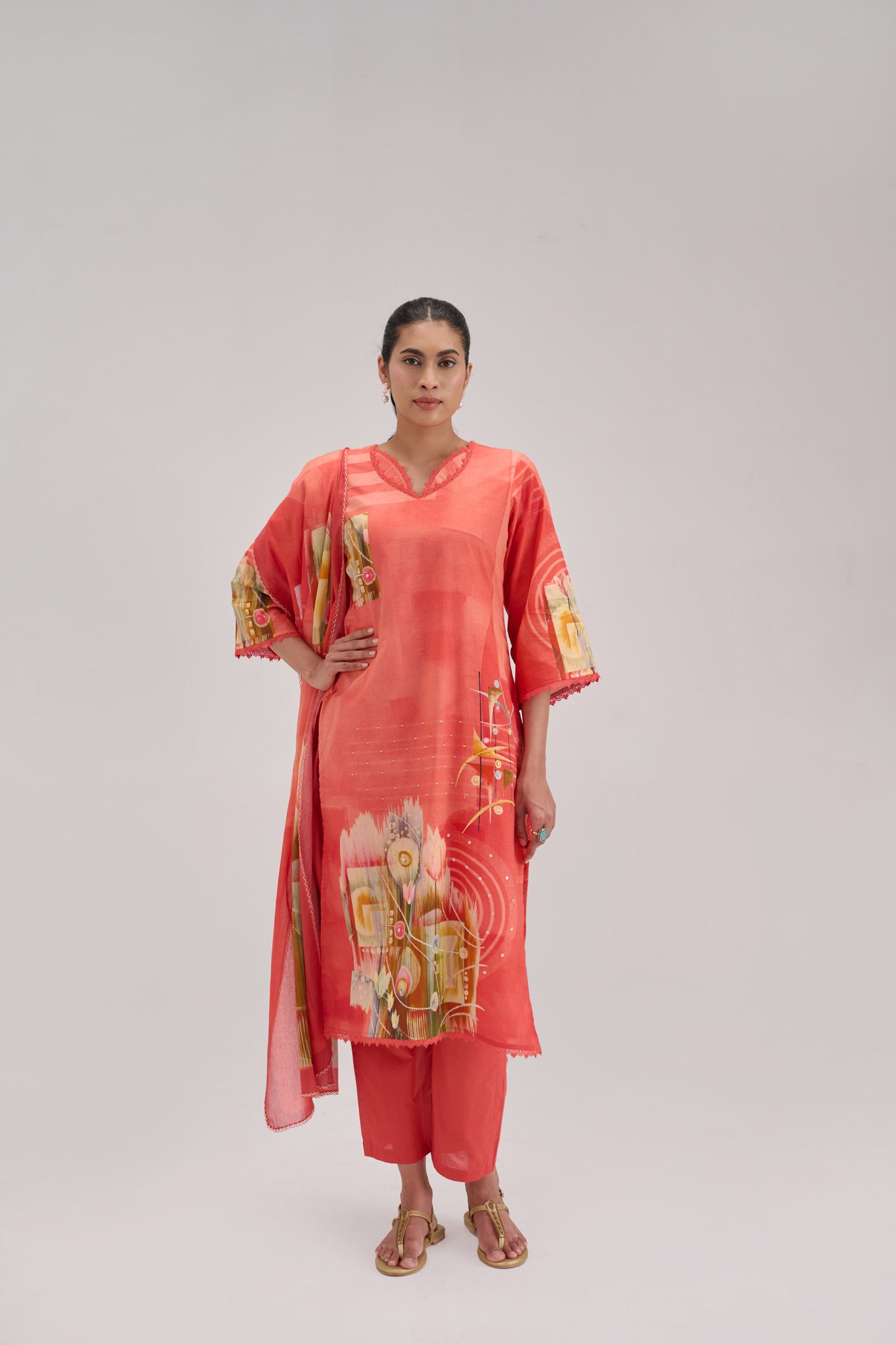 Kaya - Bright Peach Cotton Cambric Kurta Set