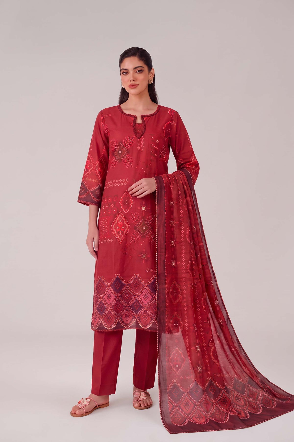 Madhuban - Cherry Red Cotton Cambric Kurta Set